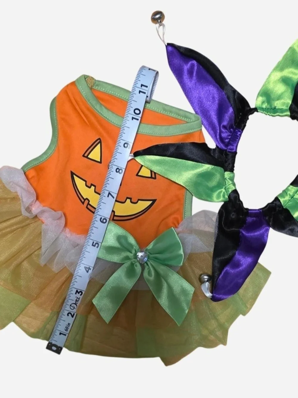 Pet Costume Orange & Green Tutu, Jack-O-Lantern, Jester Collar w/Bells Cat Dog